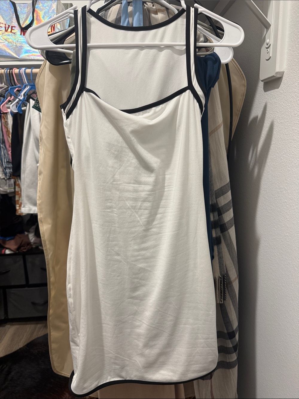 Amazon White Cowl Neck Tank with Black Trim